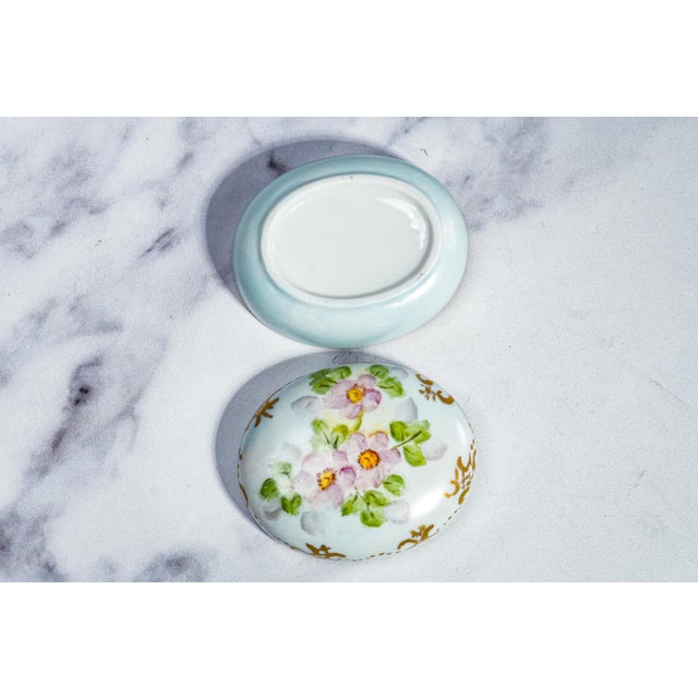 Delightful Hand Painted Floral Flower Theme Antique Small Porcelain Jewelry Trinket Box For Sale - Image 10 of 13