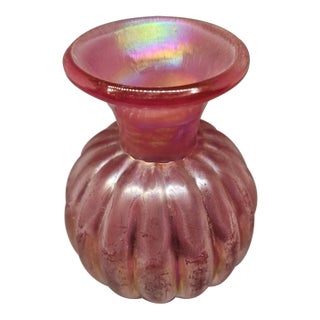 Vintage Aurene Ribbed Vase Coral Pink Hand Blown Art Glass Iridescent For Sale