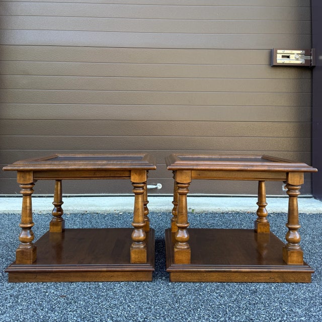 1960s Ethan Allen Classic Manor Traditional Maple Square Side Tables or Bunching Tables With Faux Slate Tops - A Pair For Sale - Image 10 of 17