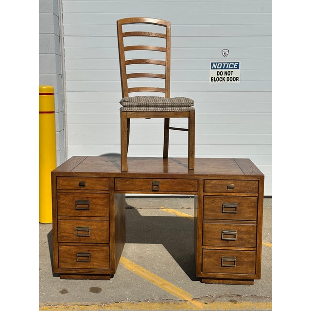 1980s Drexel Heritage Woodbriar Collection Campaign 7 Drawer Desk & Chair For Sale - Image 13 of 16
