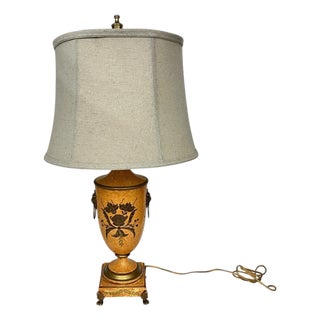 Vintage Made in Italy Urn Style Lamp, Footed Base Lions Head Knockers, Linen Shade For Sale