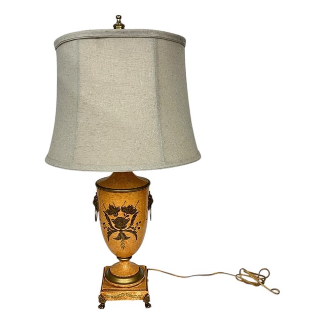 Vintage Made in Italy Urn Style Lamp, Footed Base Lions Head Knockers, Linen Shade For Sale