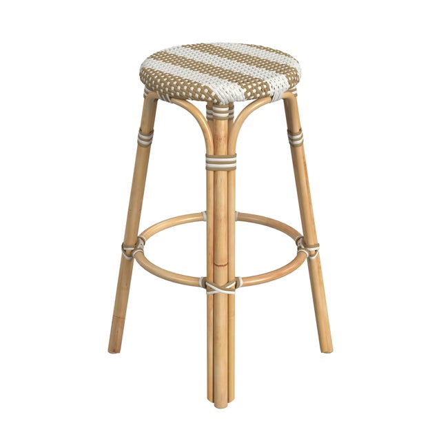 2020s Tobias 30 in. Seat Height Round Rattan Backless Bar Stool, Tan/White Stripe/ Natural Rattan Frame For Sale - Image 5 of 8
