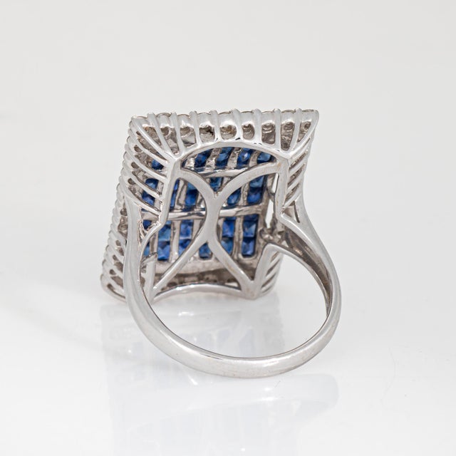 Early 21st Century Invisible Set Sapphire Diamond Ring Large Square Cocktail 18k White Gold Sz 8 For Sale - Image 5 of 7