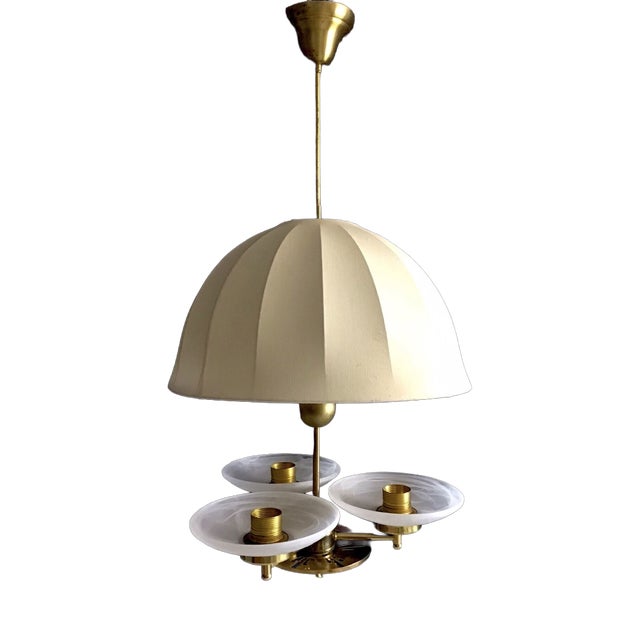 Swedish Modern Ceiling Lamp in Brass and Linen, 1950s For Sale