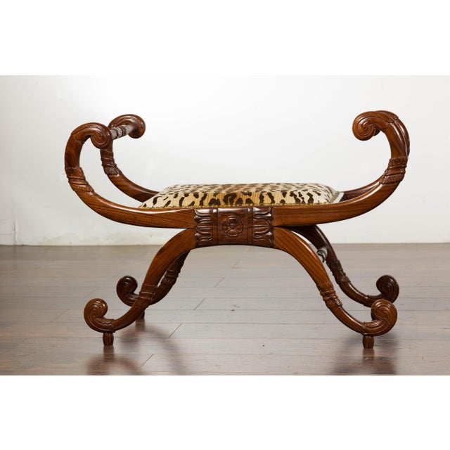 Brown Pair of English Regency Carved Mahogany 19th Century Stools with Scrolling Arms For Sale - Image 8 of 12