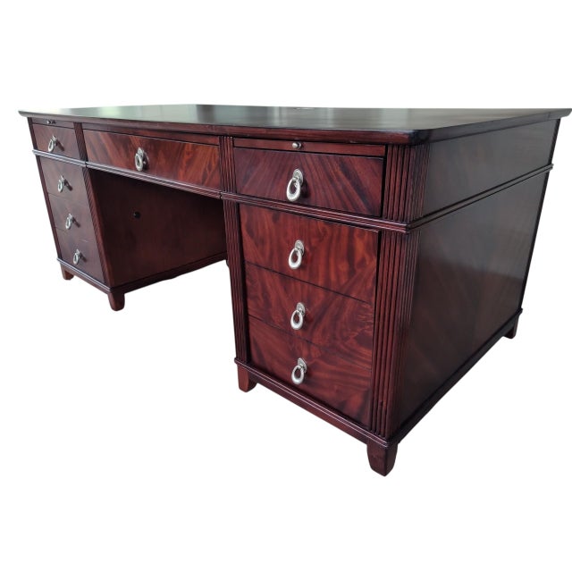 Victorian Restored French Art Deco Executive Desk | 72" Sunburst Veneer Pedestal Desk For Sale - Image 3 of 16
