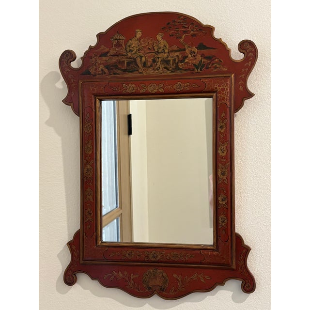 Antique Style Petite Scale Red Chinoiserie Wall Mirror / English Georgian Red Jappaned Style Mirror For Sale - Image 11 of 15