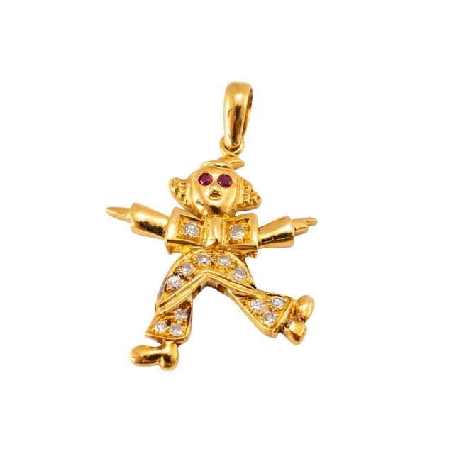 Modern Vintage 18k Yellow Gold 0.31ctw Ruby Eyes Diamond Movable Clown Drop Pendant For Sale - Image 3 of 8