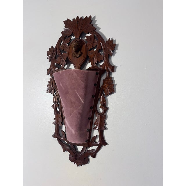 Antique Black Forest Carved Walnut Wall Pocket With Female Portrait For Sale - Image 4 of 9