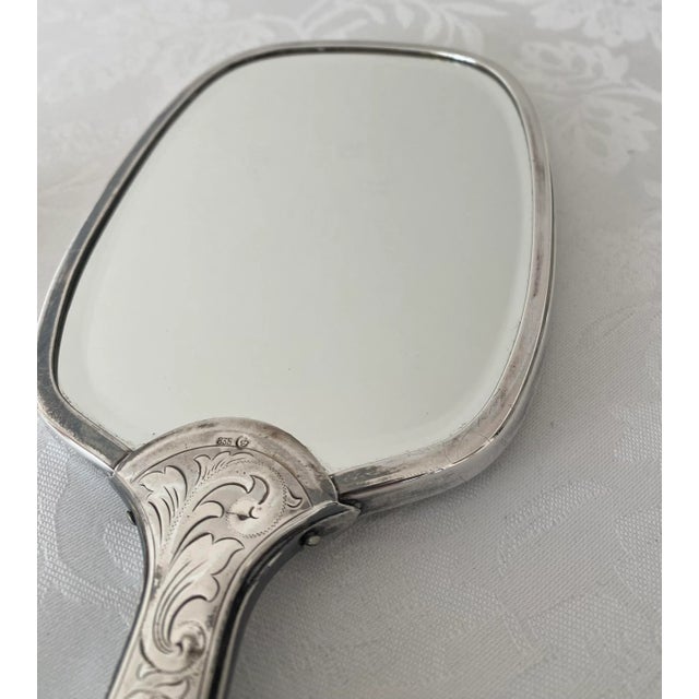 Silver Mid 20th Century Silver Vaniety Set European Silver 835 With Crescent and Crown Hallmark, Brush, Mirror, Comb Cover, Clothes Brush - 4 Pieces. For Sale - Image 8 of 12