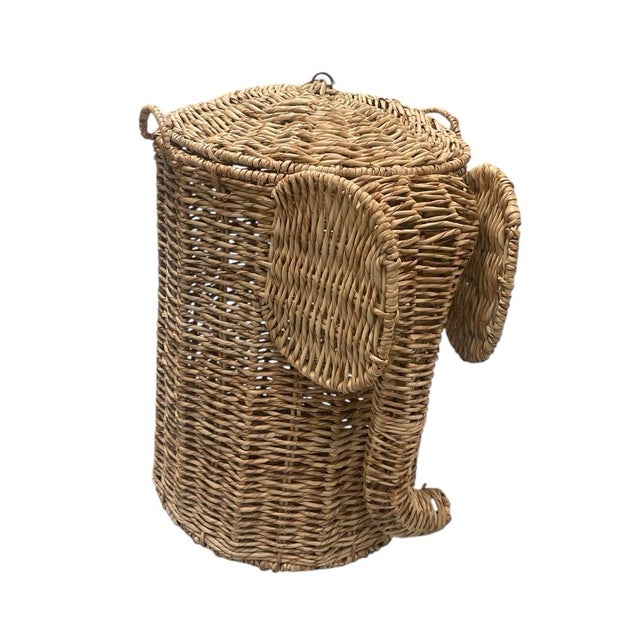 Boho Chic Woven Wicker Elephant Laundry Hamper With Lid For Sale - Image 3 of 9