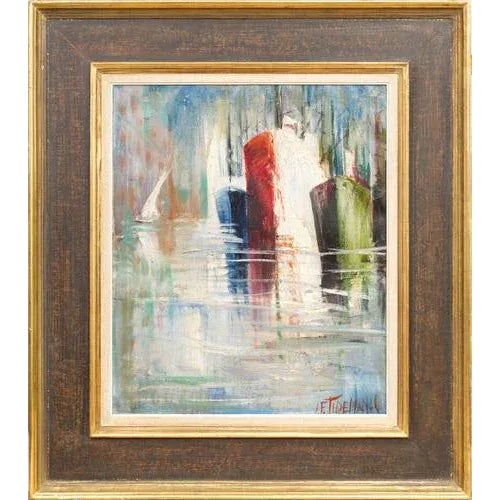 Boats in the Harbor, Oil on Canvas, 20th Century For Sale - Image 4 of 4