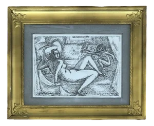Emile-François Chambon, Femme et enfant posant, Pencil on Paper, Frame