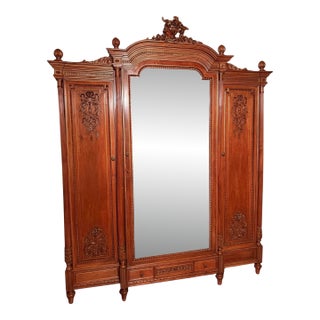 19th Century Louis XVI French Walnut Wood Antique Triple Mirrored Armoire Hutch For Sale