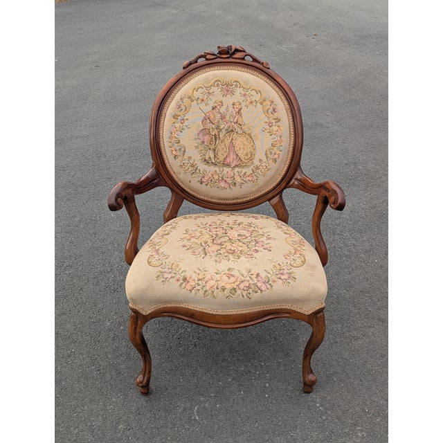 Early 20th Century Louis XVI Style Walnut Needlepoint Arm Chair or Bergere Chair For Sale In Washington DC - Image 6 of 7