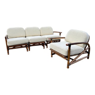 Mid Century Boho Modern Ficks Reed Style Bamboo Sofa and Lounge Chair For Sale