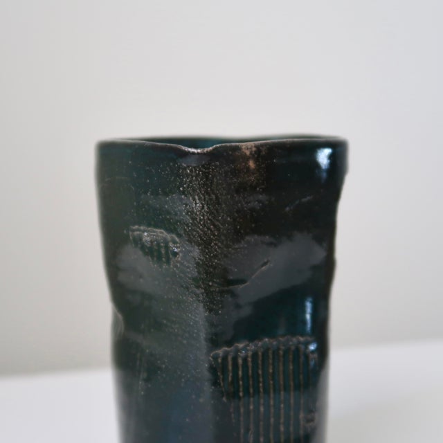 Ceramic Handbuilt Organic Sculptural Pinched Square Rim Ceramic Vase in Dark Teal Glaze With Ribbed Relief Pattern For Sale - Image 7 of 18