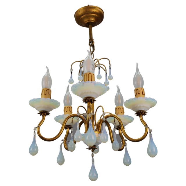 Italian Florentine Gilt Metal and White Opalescent Glass Five-Light Chandelier, 1970s For Sale
