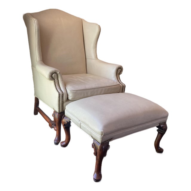 Vintage Ivory Leather Chair Ottoman 2pc Sam Moore Hooker Furnishings For Sale