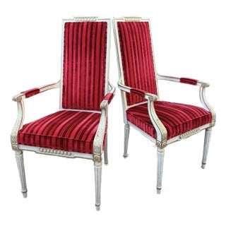 Mid 20th Century Florentine French Style High Back Whitewash Gold Accent Chairs, a Pair For Sale