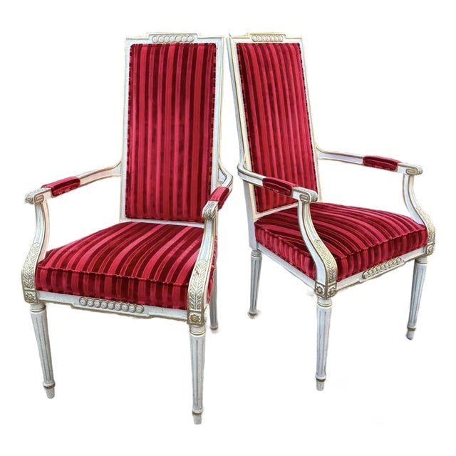 Mid 20th Century Florentine French Style High Back Whitewash Gold Accent Chairs, a Pair For Sale