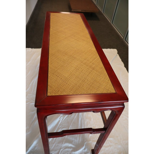 Asian Swaim Attributed Hand Rubbed Cinnabar Finish With Natural Woven Raffia Top Console Table For Sale - Image 3 of 7