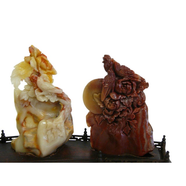 Chinese Chinese ShouShan Stone Three Flowers Birds Display Figure For Sale - Image 3 of 5