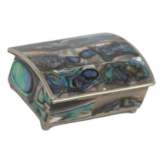 Alpaca Silver and Abalone Wood Lined Footed Trinket Box 4636b For Sale