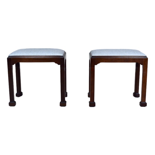Chippendale Style Footstools by Madison Square in Mahogany & Blue For Sale