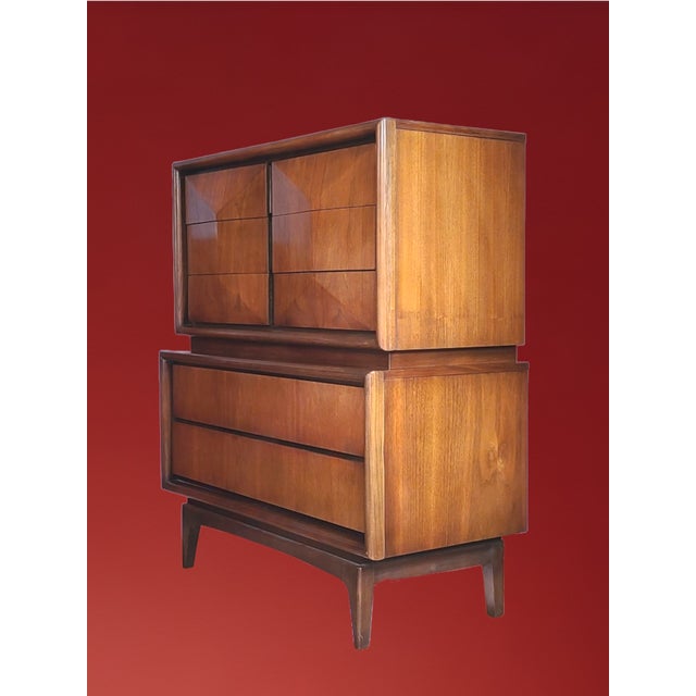1950s Mid Century Walnut Diamond Front Highboy by United Furniture