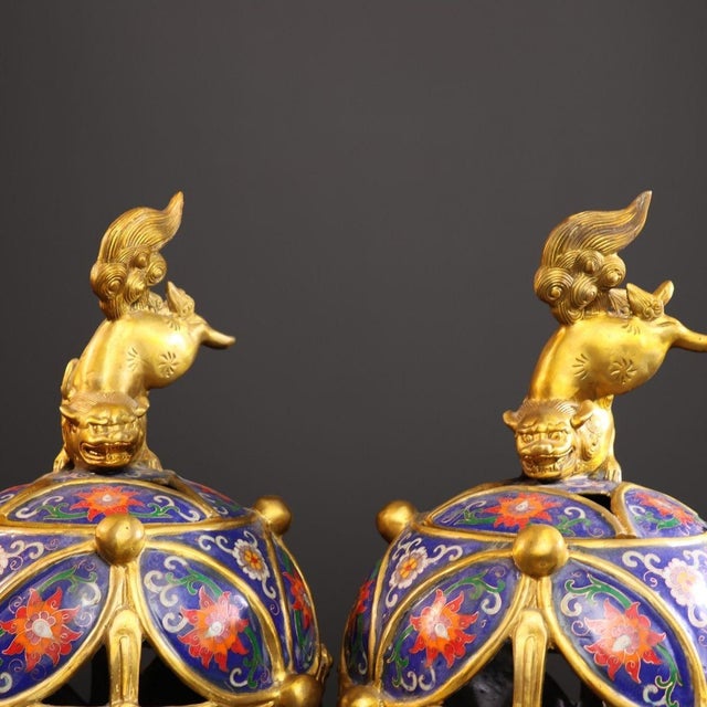 Mid 20th Century Pair of Chinese Cloisonné Incense Burners | Gilt Bronze Lion & Brocade Ball Motif For Sale - Image 5 of 9