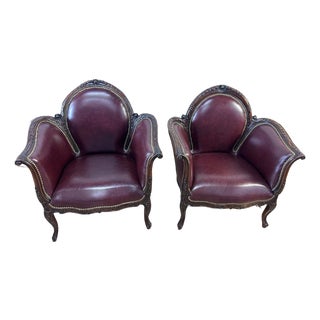 Pair Vintage Ornate French Louis XV Burgundy Leather Arm Chairs Decorative Nails For Sale