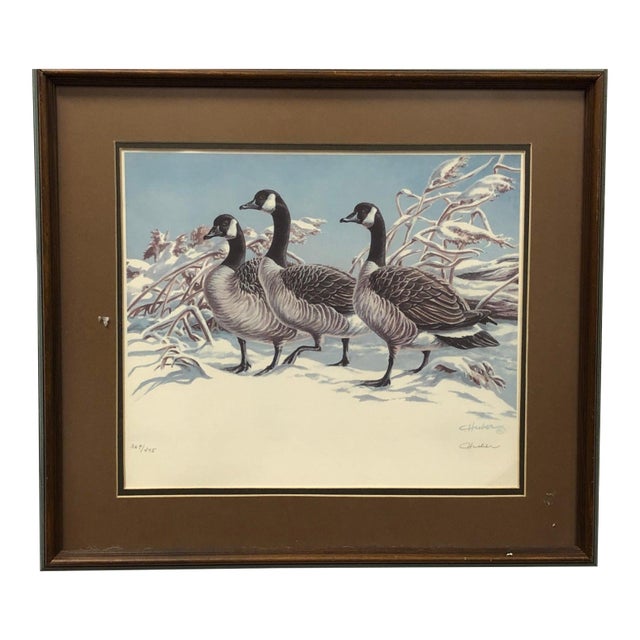 Vintage Lithograph of Three Geese Walking in the Snow, Brown Framed Signed For Sale
