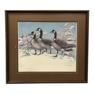 Vintage Lithograph of Three Geese Walking in the Snow, Brown Framed Signed