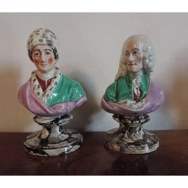 18th Century 18th Century English Staffordshire Pearlware Classical Busts of Voltaire and Rousseau - a Pair For Sale - Image 5 of 11