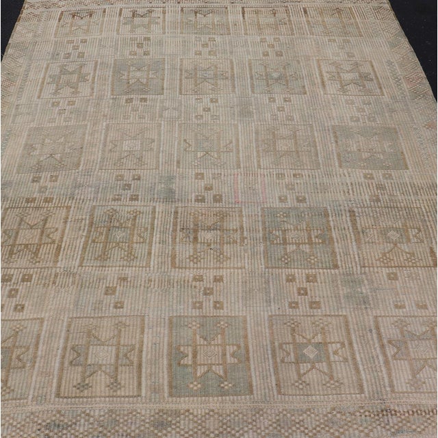Vintage Turkish Embroidered Square Designed Kilim in Tan, Cream, and Light Green. Keivan Woven Arts / rug/EN-14030,...
