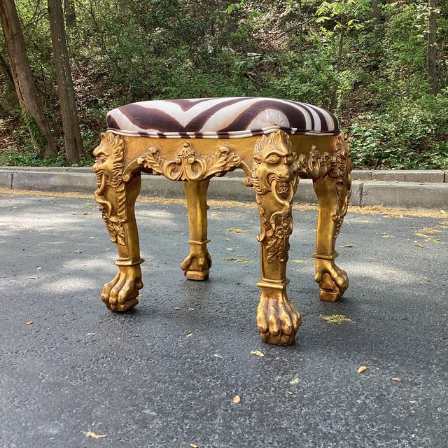 Mid 20th Century Hollywood Regency Giltwood Stool With Figural Carved Legs and Ralph Lauren Zebra Upholstery For Sale - Image 10 of 10