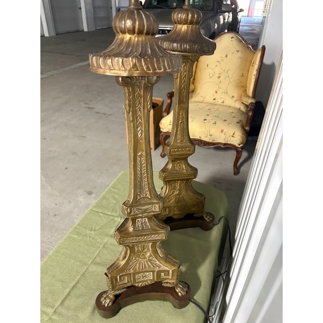 Pair of Brass Prickets Adapted as Lamps on Wood Bases, Late 19th Century For Sale - Image 4 of 6