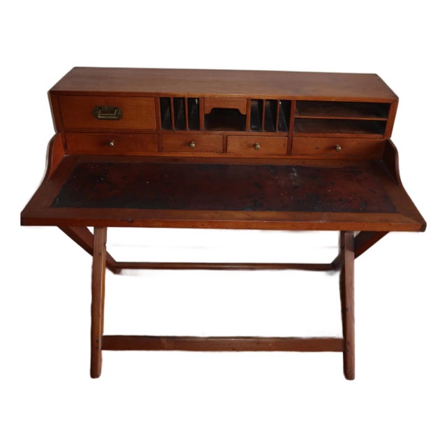 1970s English Campaign Style Wooden Vintage Brown Desk For Sale