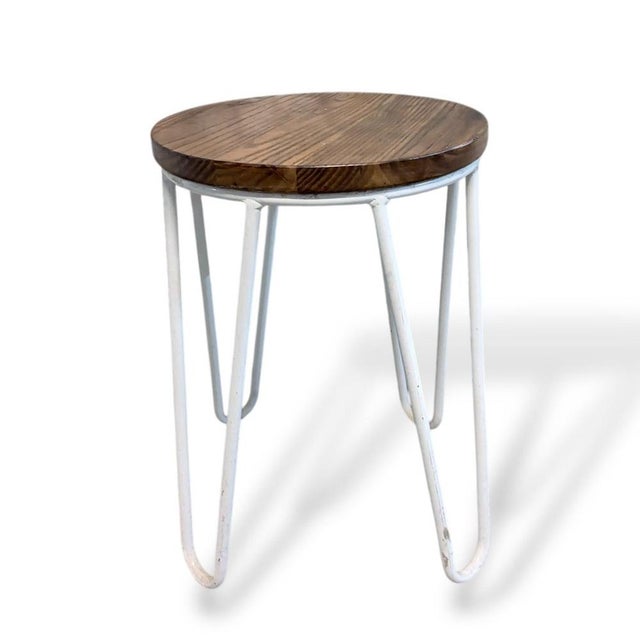Wood Vintage Elm Bar Stool with White Hairpin Legs For Sale - Image 7 of 8