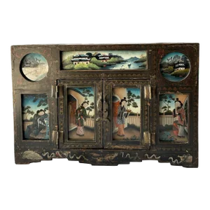 Antique Chinese Wood Brass Cabinet Reverse Painted Glass