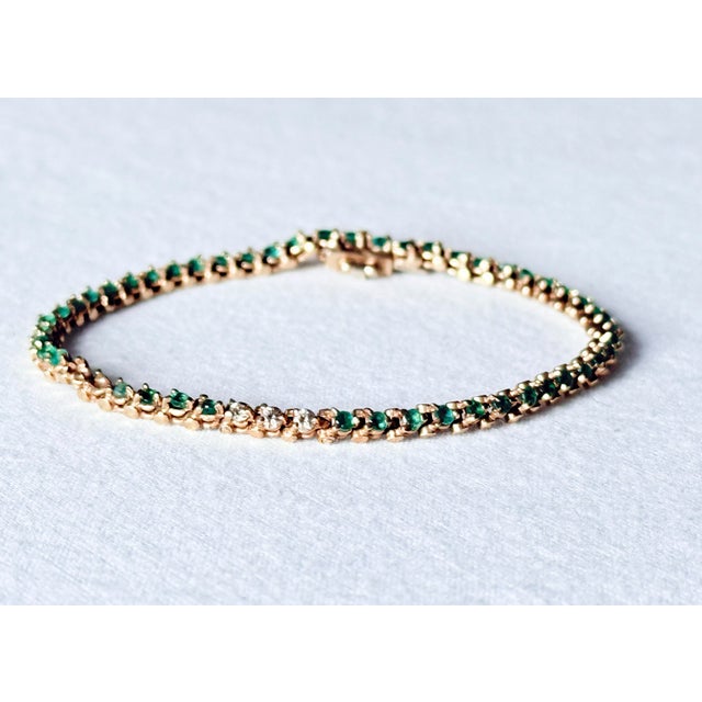 Vintage 14k Yellow Gold Natural Emerald & Diamond Tennis Bracelet For Sale - Image 11 of 15