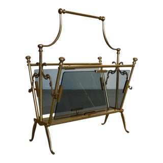 1960's Hollywood Regency Italian Solid Brass Magazine Rack For Sale