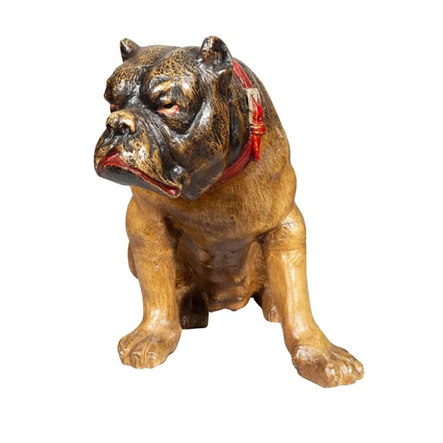 Painted And Carved Wood Bulldog well carved with a grumpy expression. With red collar.