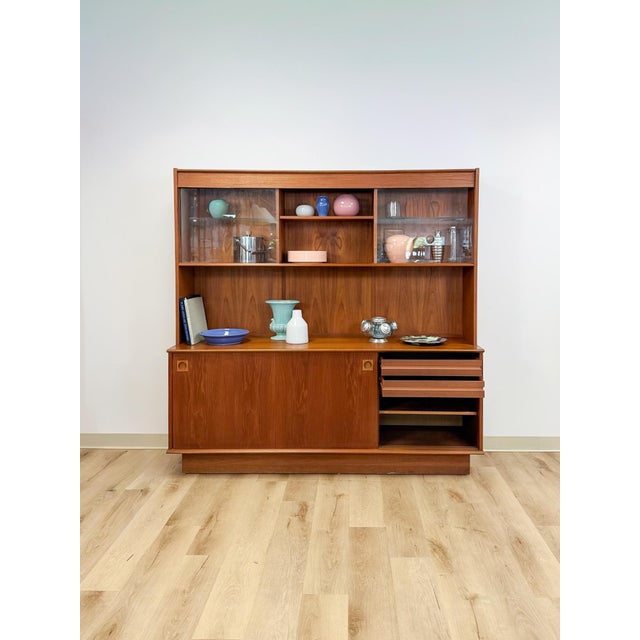 MCM Teak 2 Piece China Cabinet Sliding Doors Shelves Vintage Buffet Storage For Sale - Image 16 of 17