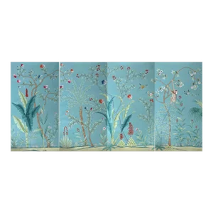 Tropical Chinoiserie Mural Hand Painted Wallpaper on Blue Edo Xuan Paper Panel - 4 Panels