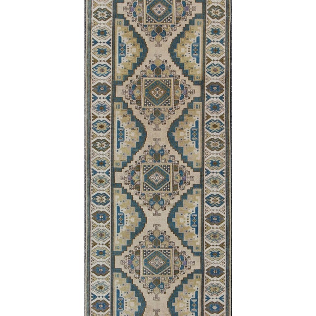 Figurative Teal, Green, Blue and Yellow Vintage Turkish Oushak Runner With Geometric Design For Sale - Image 3 of 8