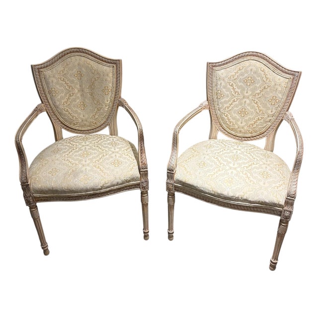 Pair Vintage French-Style Shield-Back Upholstered Accent Chairs For Sale