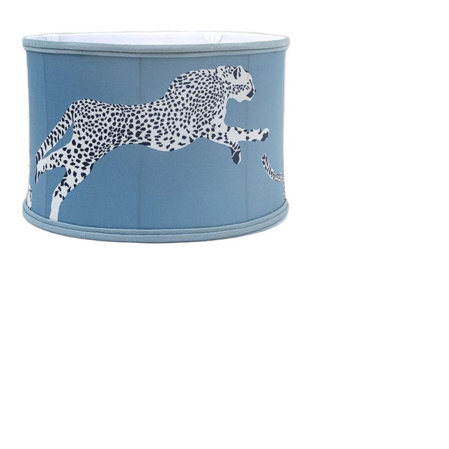 The House of Scalamandré Leaping Cheetah Drum Shade, Baby Blue For Sale